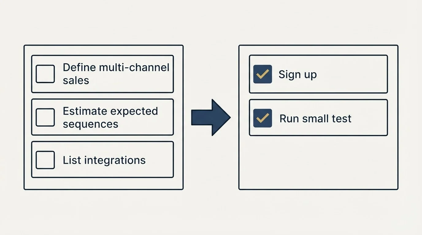 Before-and-after steps: Getting Started Checklist (Define multi-channel sales, Estimate expected sequences, List integrations, Sign up)