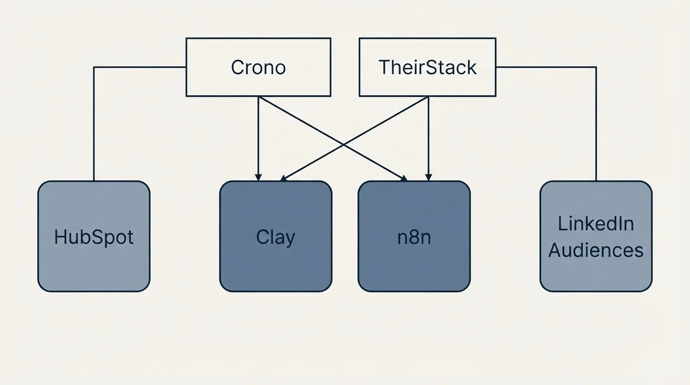Integration grid: Integration Ecosystem (Crono, TheirStack, Clay, n8n)