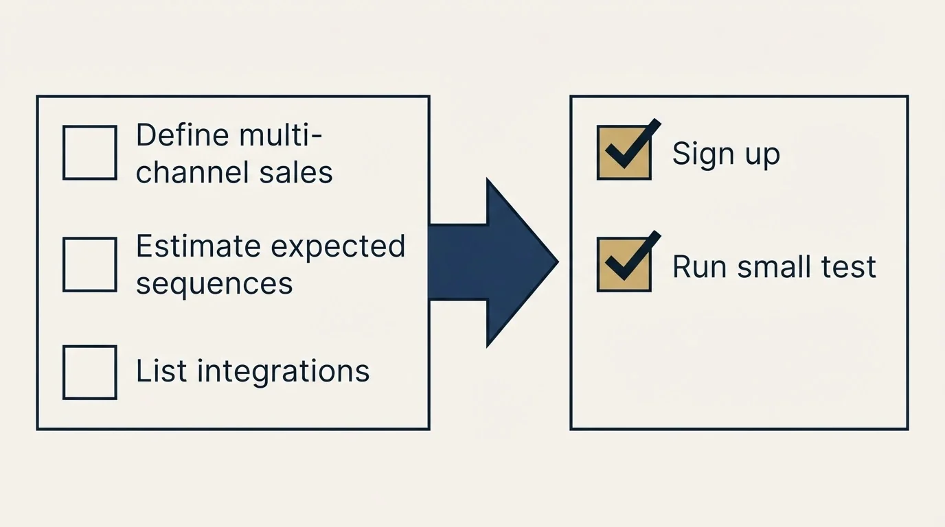 Before-and-after steps: Getting Started Checklist (Define multi-channel sales, Estimate expected sequences, List integrations, Sign up)