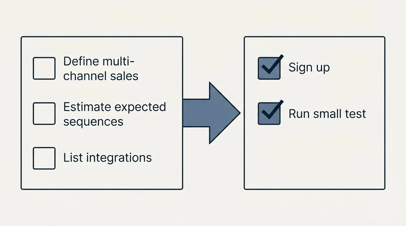 Before-and-after steps: Getting Started Checklist (Define multi-channel sales, Estimate expected sequences, List integrations, Sign up)