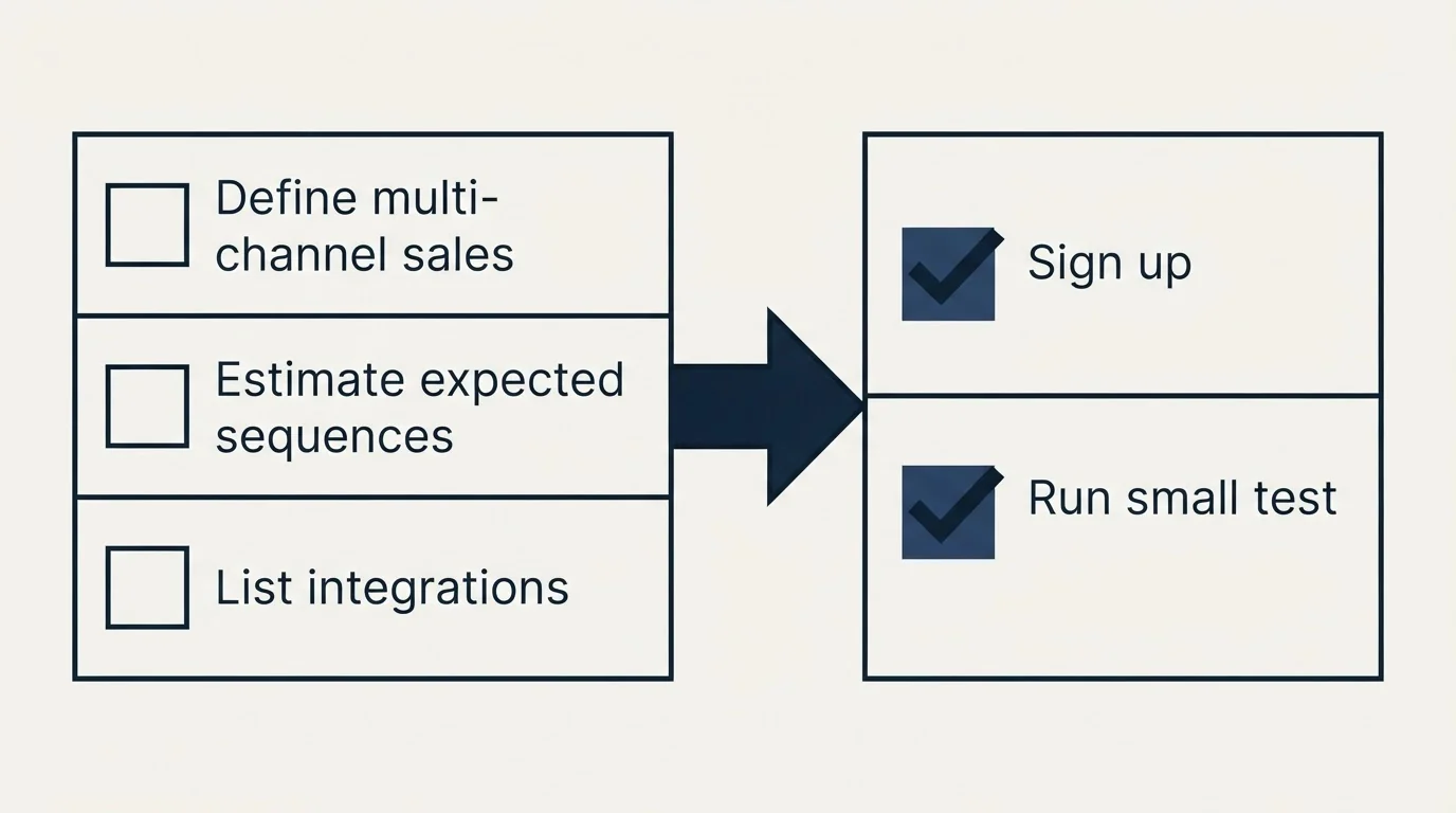 Before-and-after steps: Getting Started Checklist (Define multi-channel sales, Estimate expected sequences, List integrations, Sign up)