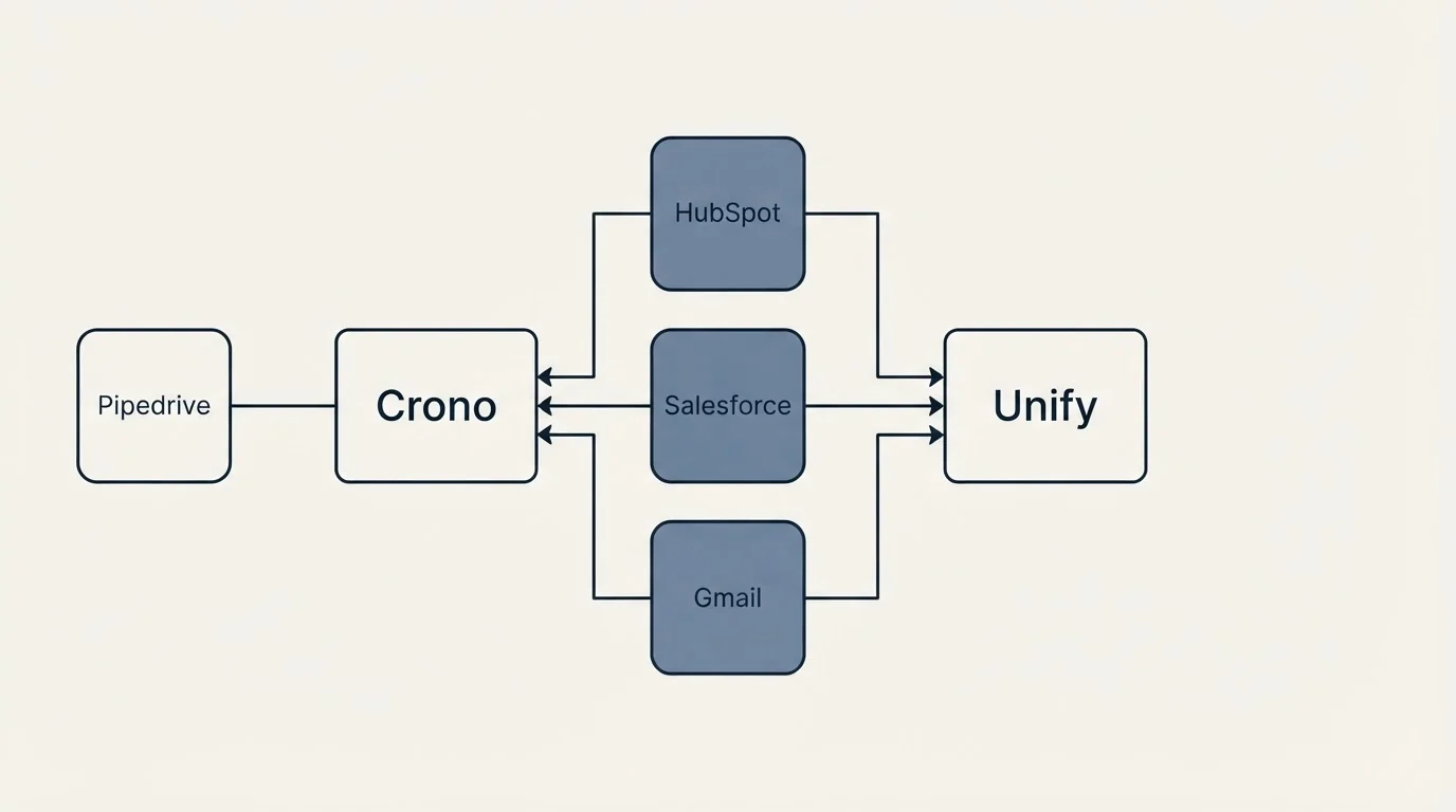 Integration flow: Integration Ecosystem (Crono, Unify, HubSpot, Salesforce)