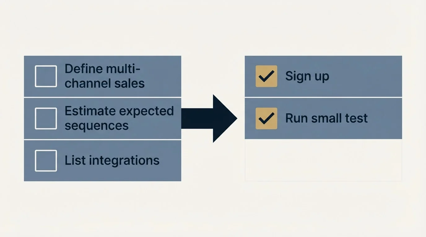 Before-and-after steps: Getting Started Checklist (Define multi-channel sales, Estimate expected sequences, List integrations, Sign up)