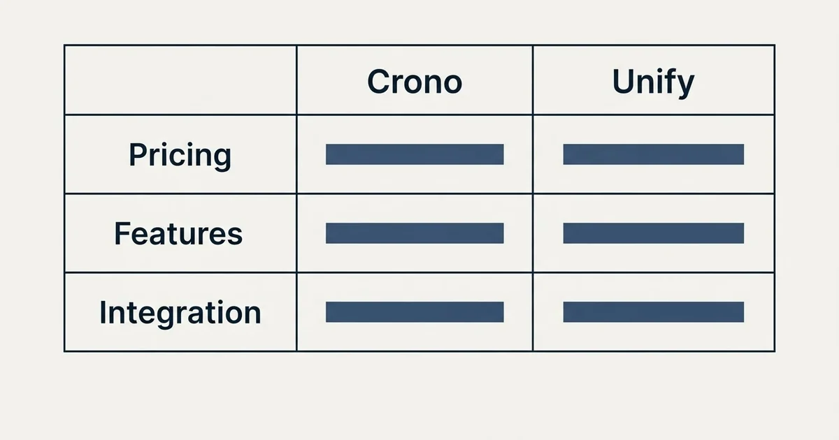 Comparison panel: Crono vs Unify (Pricing, Features, Integration)