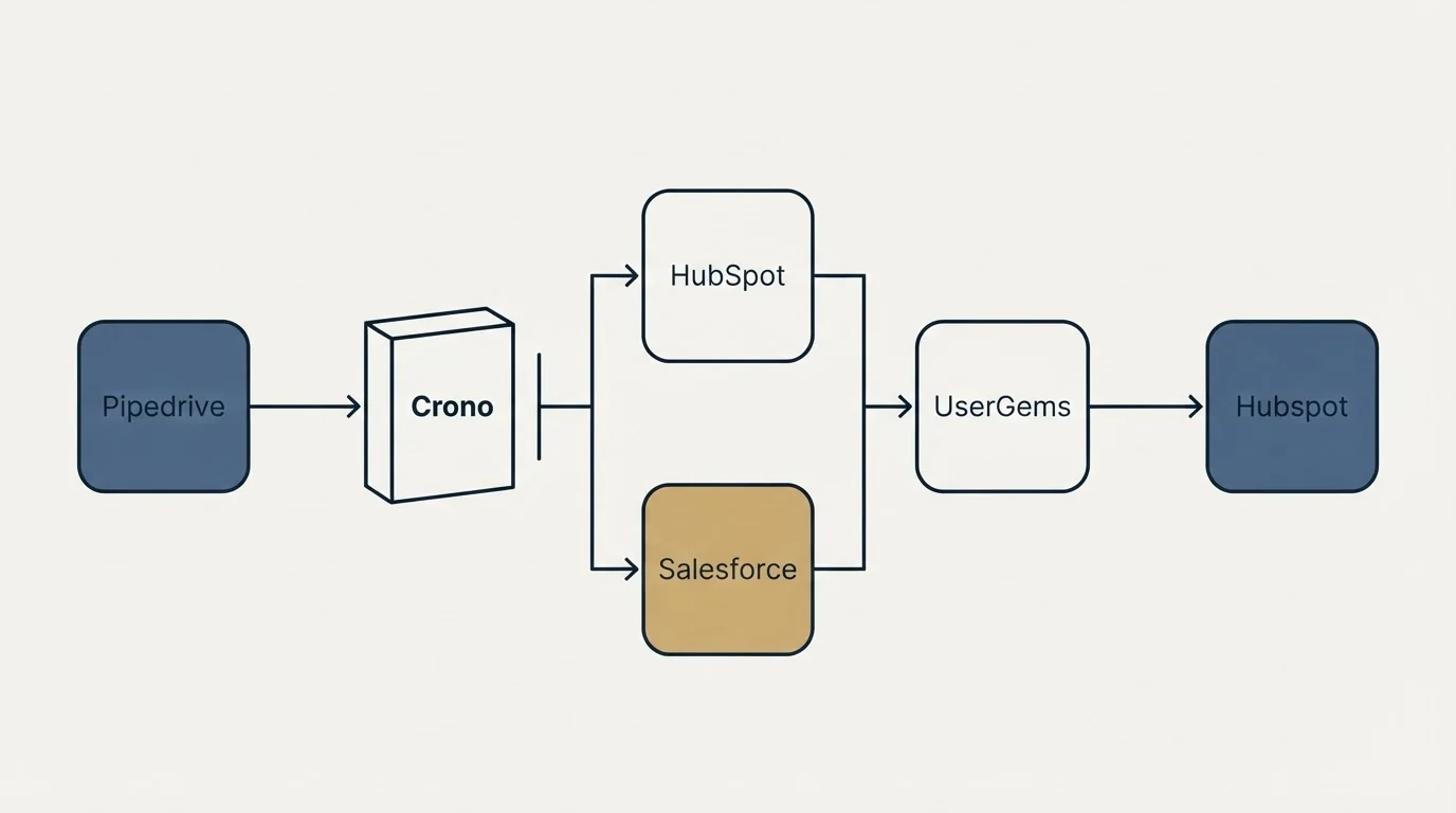 Integration flow: Integration Ecosystem (Crono, UserGems, HubSpot, Salesforce)