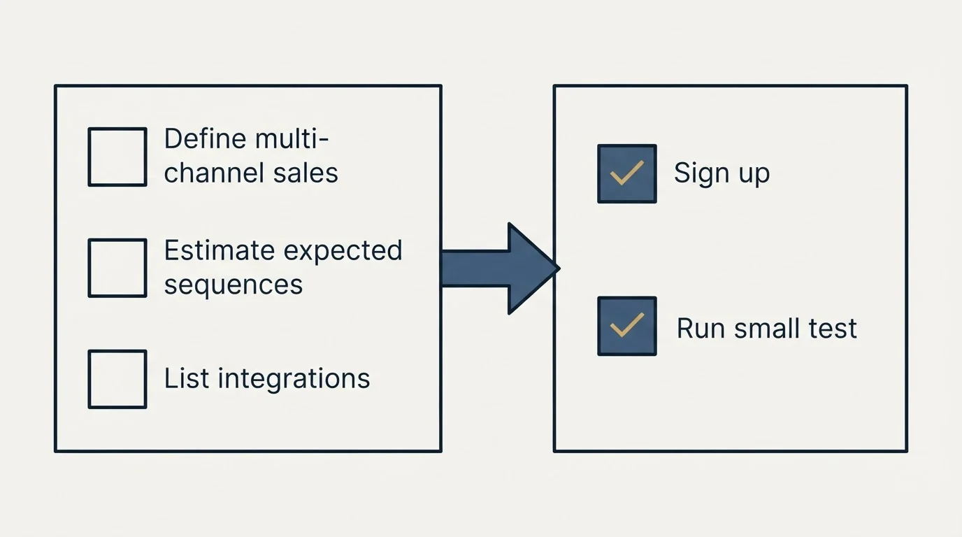Before-and-after steps: Getting Started Checklist (Define multi-channel sales, Estimate expected sequences, List integrations, Sign up)