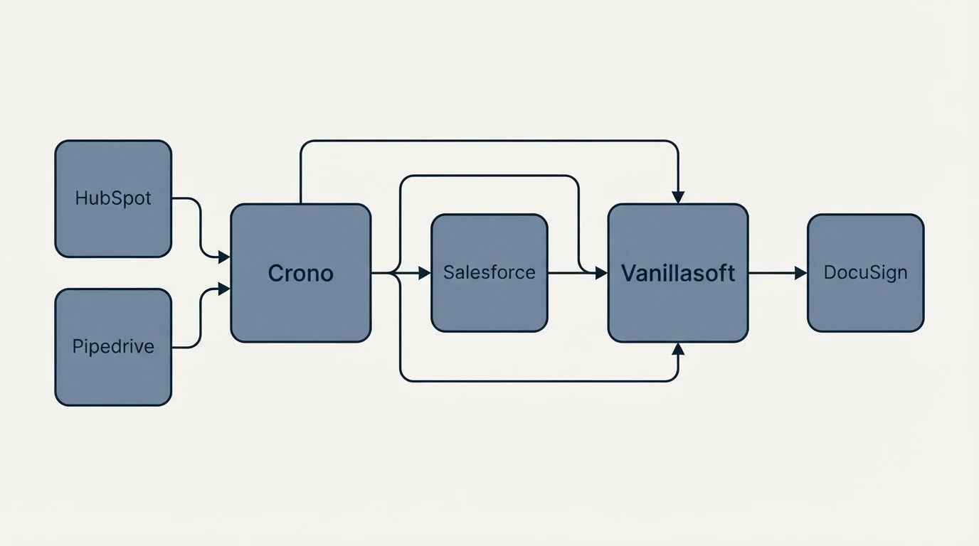 Integration schematic: Integration Ecosystem (Crono, Vanillasoft, Salesforce, HubSpot)