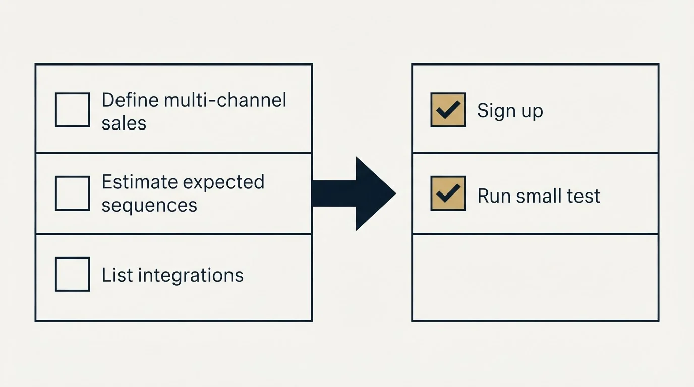 Before-and-after steps: Getting Started Checklist (Define multi-channel sales, Estimate expected sequences, List integrations, Sign up)