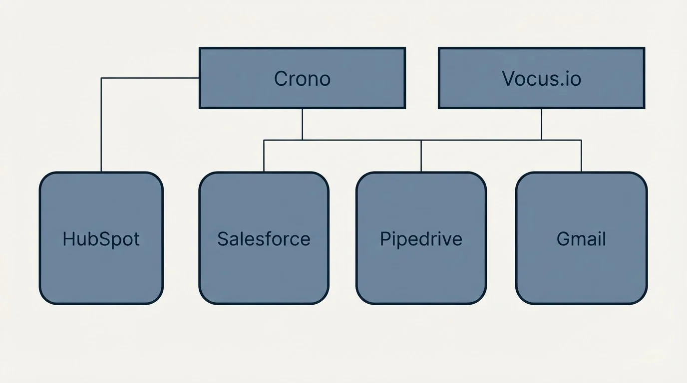 Integration grid: Integration Ecosystem (Crono, Vocus.io, Salesforce, Pipedrive)