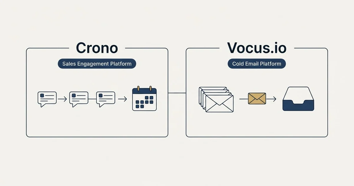 Side-by-side panels: Crono vs Vocus.io (Sales Engagement Platform, Cold Email Platform)