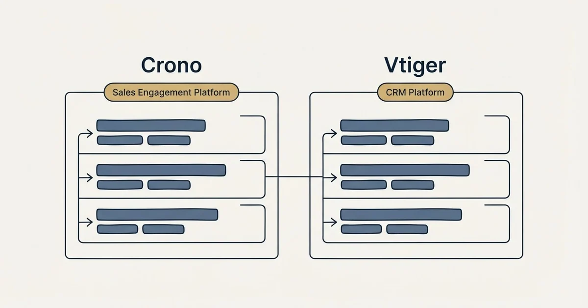 Side-by-side panels: Crono vs Vtiger (Sales Engagement Platform, CRM Platform)