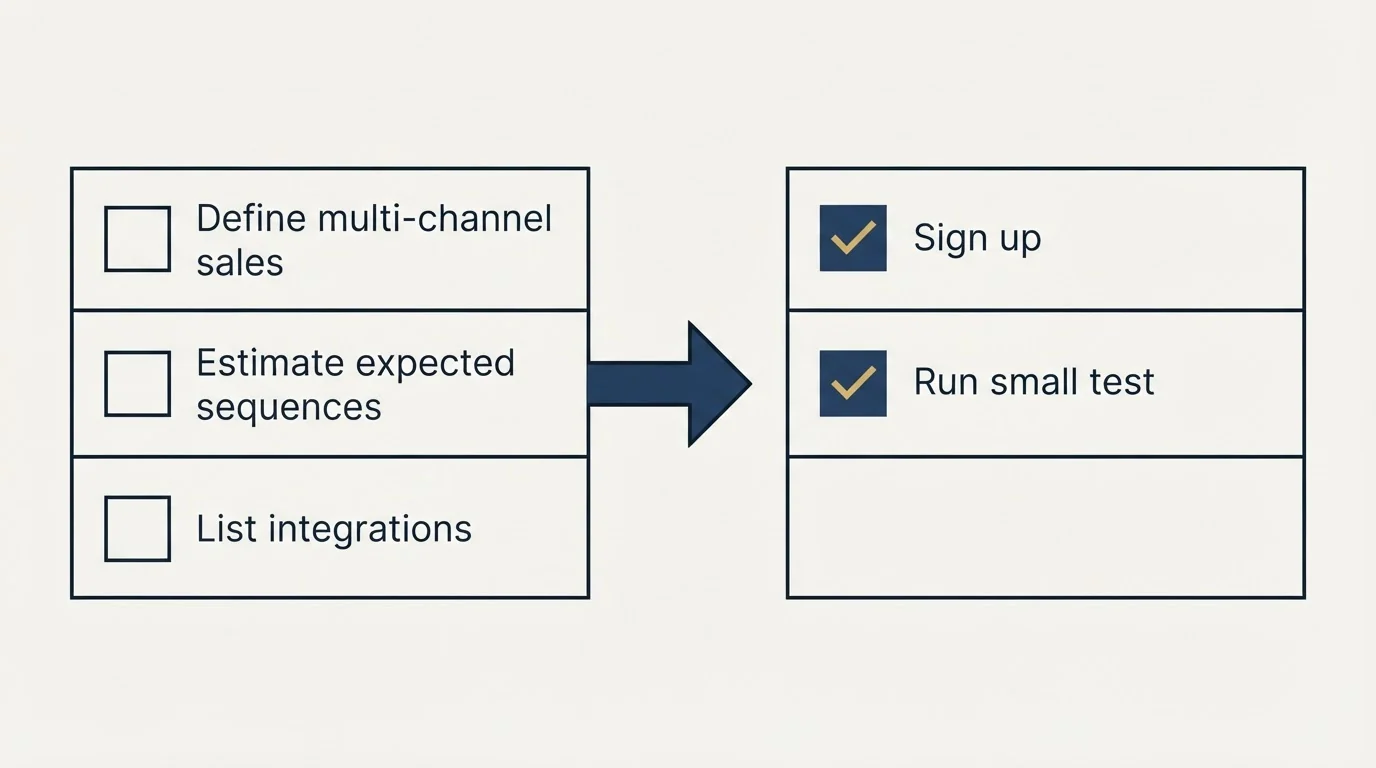 Before-and-after steps: Getting Started Checklist (Define multi-channel sales, Estimate expected sequences, List integrations, Sign up)