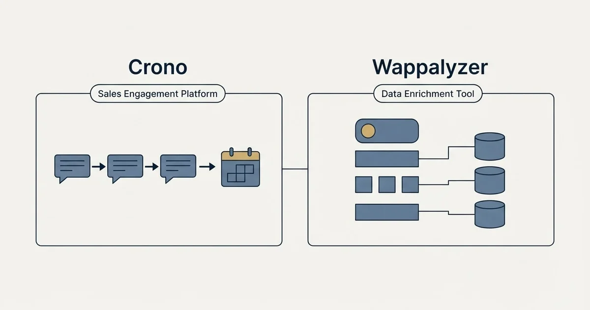 Side-by-side panels: Crono vs Wappalyzer (Sales Engagement Platform, Data Enrichment Tool)