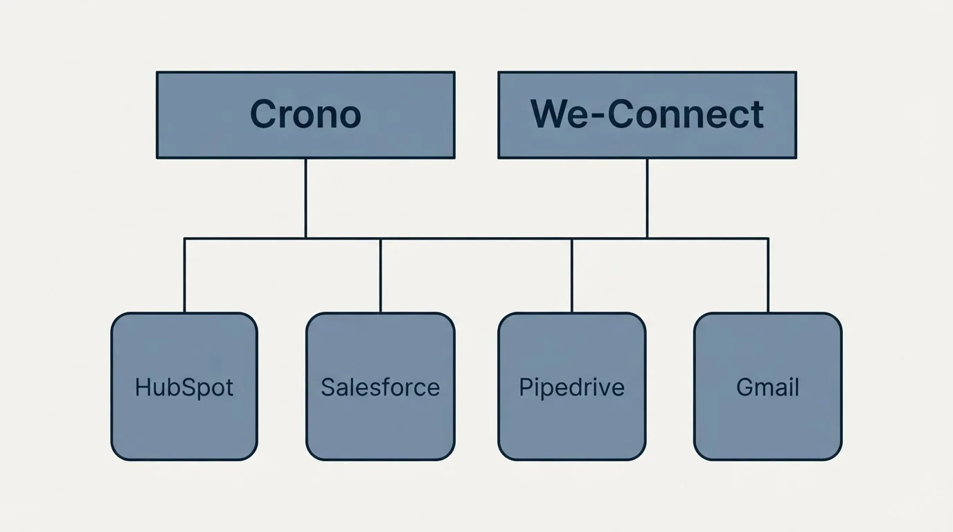 Integration grid: Integration Ecosystem (Crono, We-Connect, HubSpot, Salesforce)