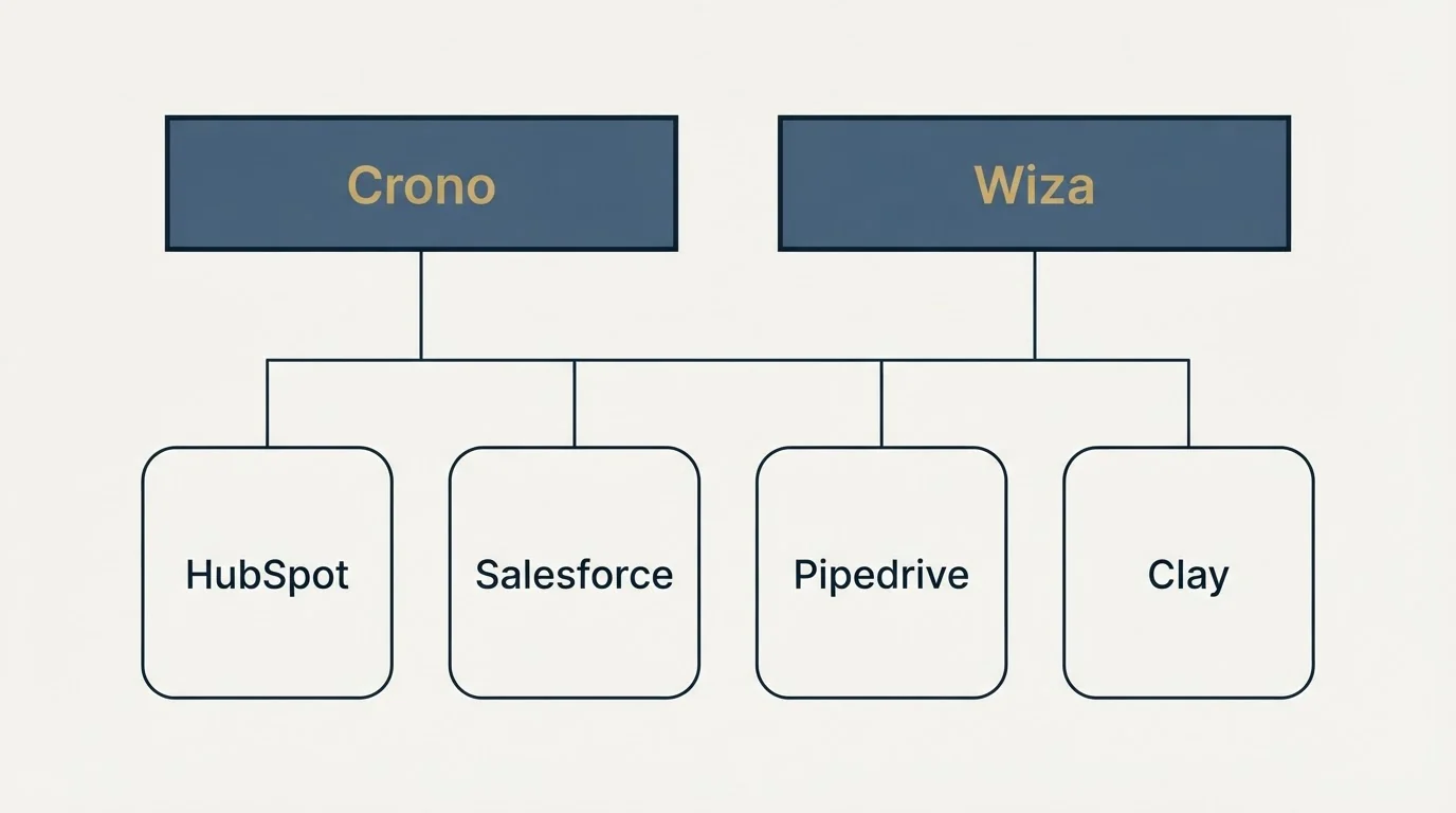 Integration grid: Integration Ecosystem (Crono, Wiza, HubSpot, Salesforce)