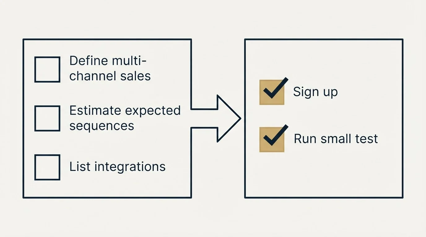 Before-and-after steps: Getting Started Checklist (Define multi-channel sales, Estimate expected sequences, List integrations, Sign up)