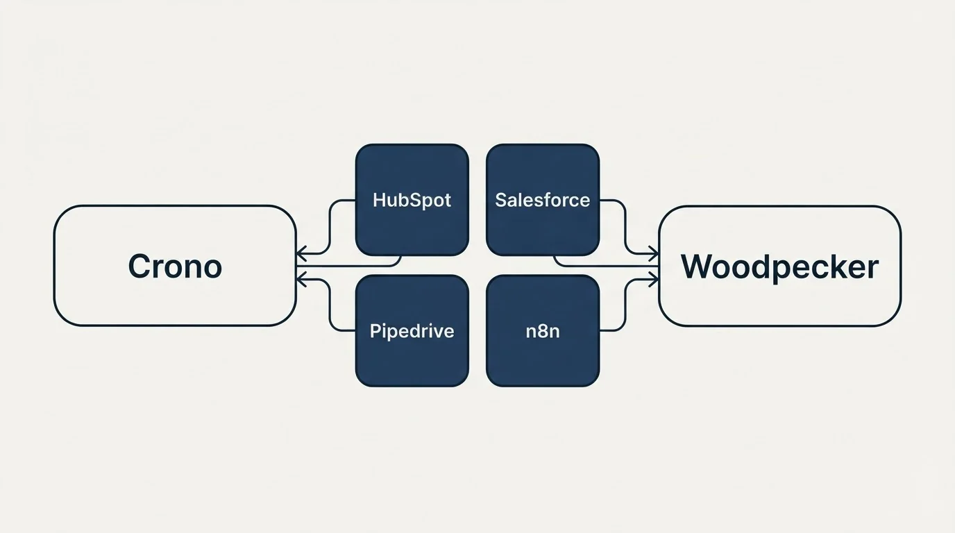 Integration schematic: Integration Ecosystem (Crono, Woodpecker, HubSpot, Salesforce)