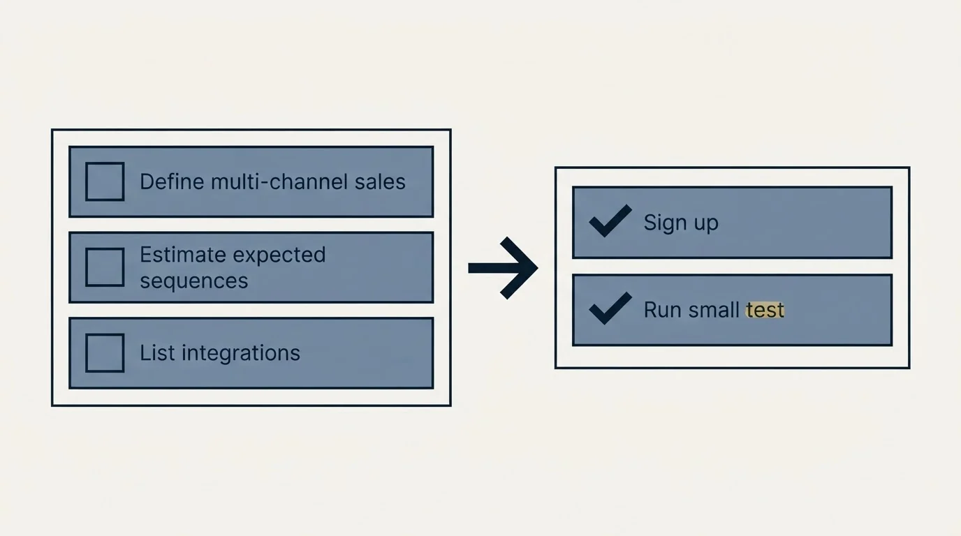Before-and-after steps: Getting Started Checklist (Define multi-channel sales, Estimate expected sequences, List integrations, Sign up)