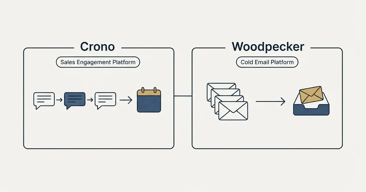 Side-by-side panels: Crono vs Woodpecker (Sales Engagement Platform, Cold Email Platform)