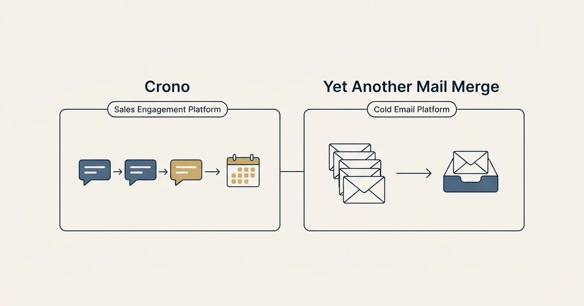 Side-by-side panels: Crono vs Yet Another Mail Merge (Sales Engagement Platform, Cold Email Platform)