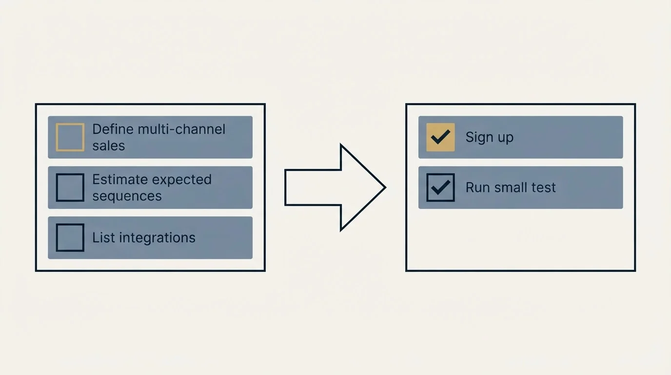 Before-and-after steps: Getting Started Checklist (Define multi-channel sales, Estimate expected sequences, List integrations, Sign up)