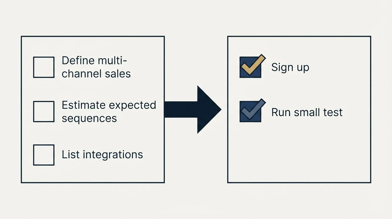 Before-and-after steps: Getting Started Checklist (Define multi-channel sales, Estimate expected sequences, List integrations, Sign up)