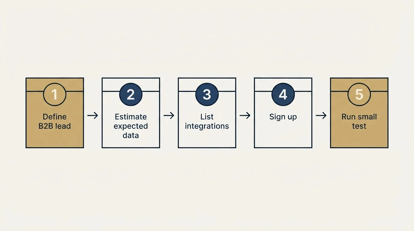 Step sequence: Getting Started Checklist (Define B2B lead, Estimate expected data, List integrations, Sign up)
