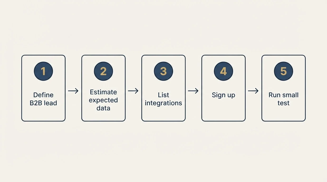 Step sequence: Getting Started Checklist (Define B2B lead, Estimate expected data, List integrations, Sign up)
