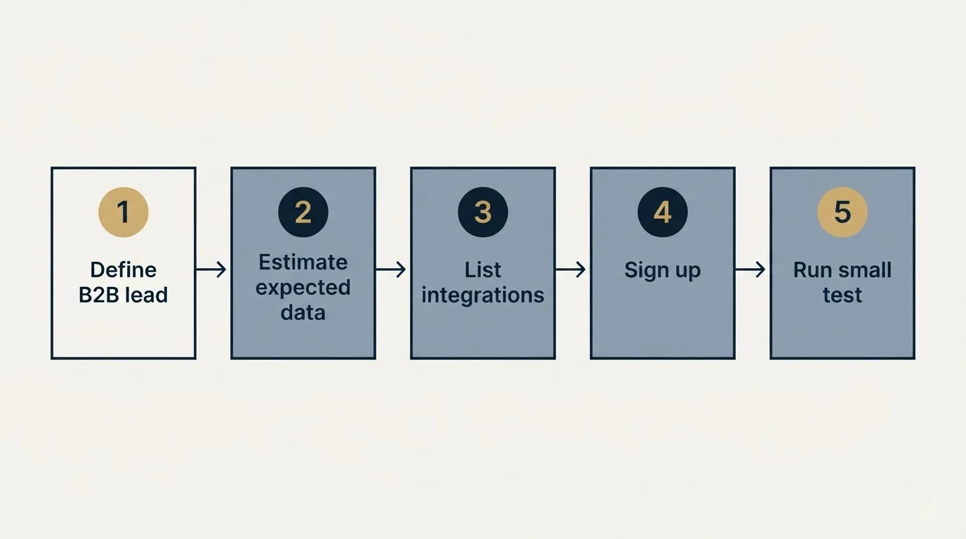 Step sequence: Getting Started Checklist (Define B2B lead, Estimate expected data, List integrations, Sign up)