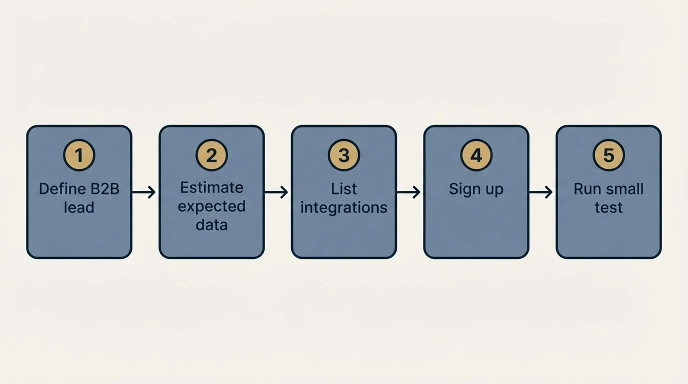 Step sequence: Getting Started Checklist (Define B2B lead, Estimate expected data, List integrations, Sign up)