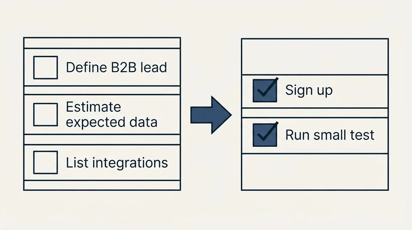 Before-and-after steps: Getting Started Checklist (Define B2B lead, Estimate expected data, List integrations, Sign up)