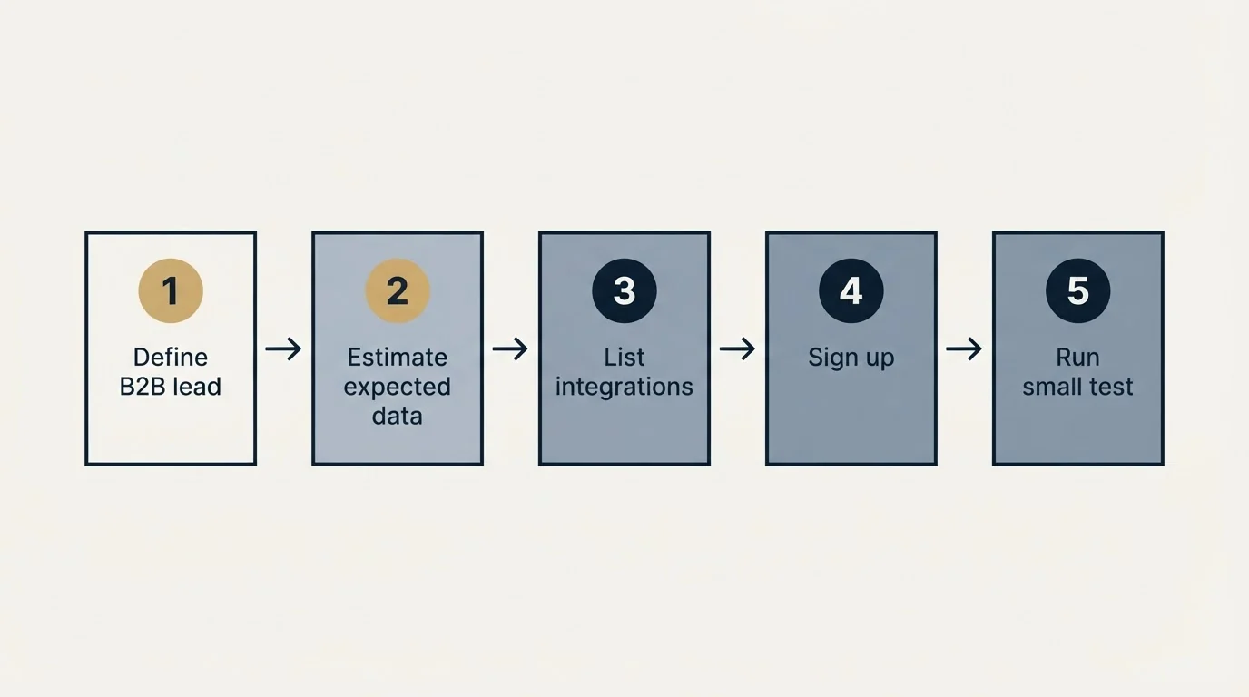 Step sequence: Getting Started Checklist (Define B2B lead, Estimate expected data, List integrations, Sign up)