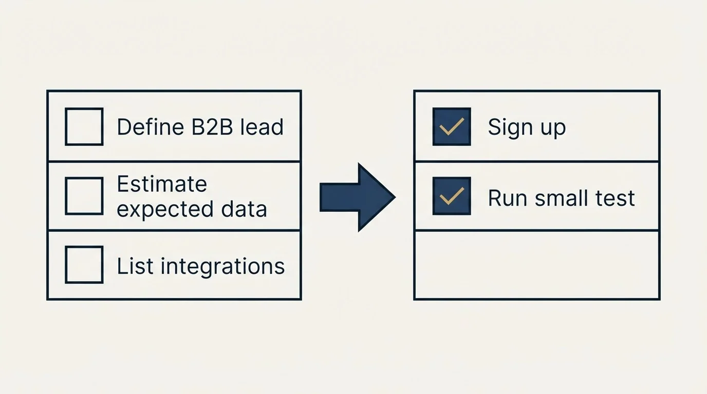 Before-and-after steps: Getting Started Checklist (Define B2B lead, Estimate expected data, List integrations, Sign up)