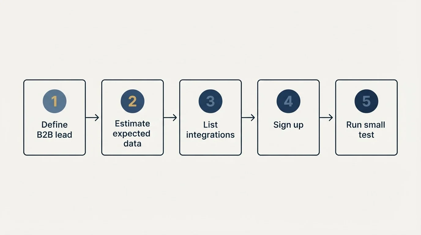 Step sequence: Getting Started Checklist (Define B2B lead, Estimate expected data, List integrations, Sign up)