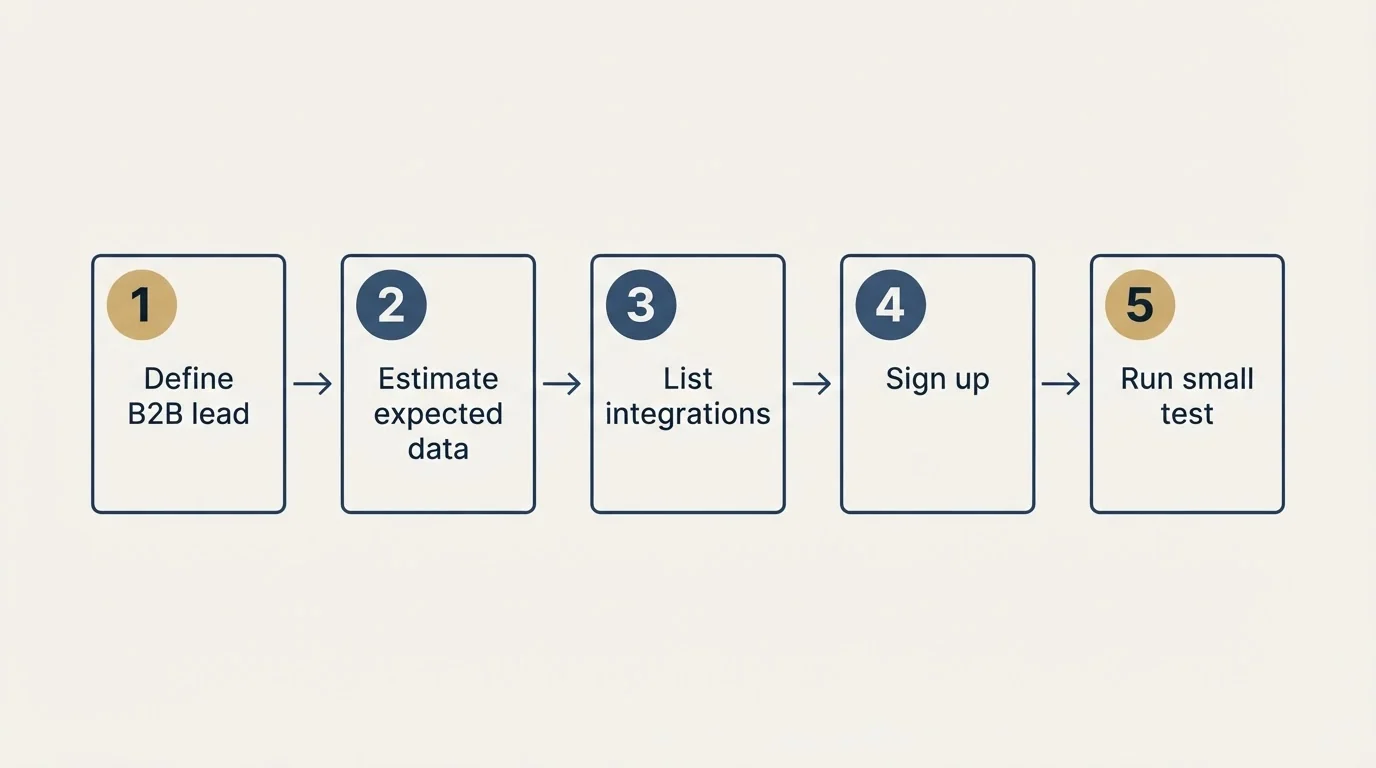Step sequence: Getting Started Checklist (Define B2B lead, Estimate expected data, List integrations, Sign up)