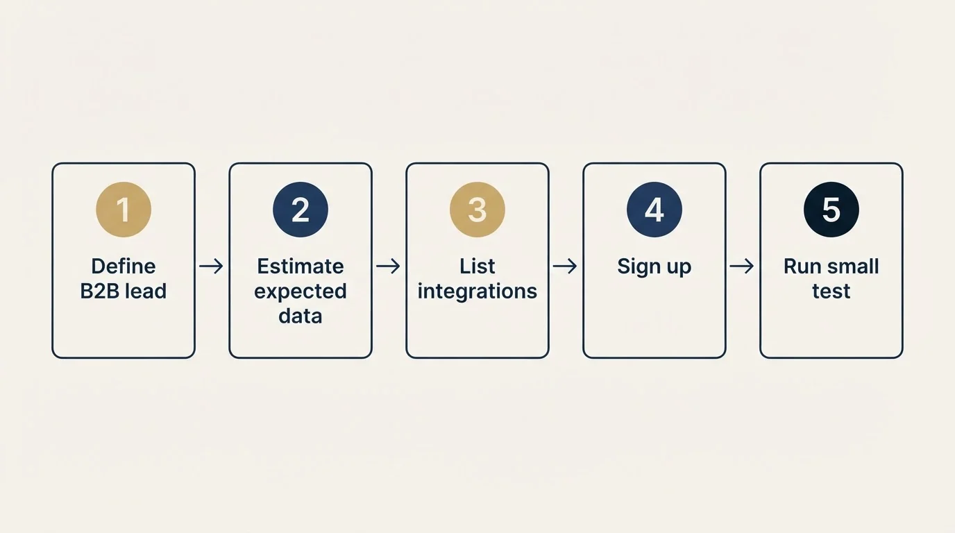Step sequence: Getting Started Checklist (Define B2B lead, Estimate expected data, List integrations, Sign up)