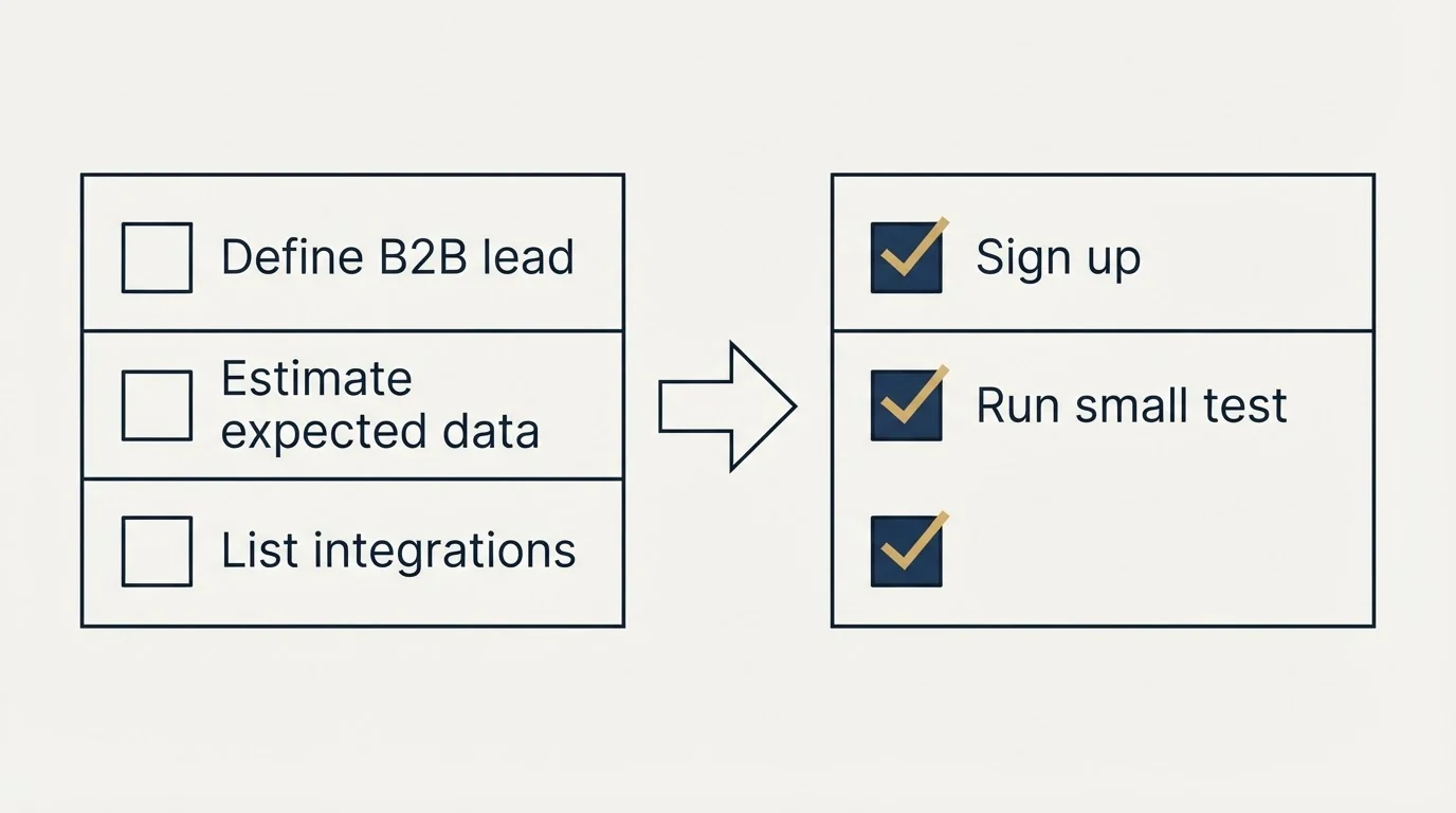 Before-and-after steps: Getting Started Checklist (Define B2B lead, Estimate expected data, List integrations, Sign up)