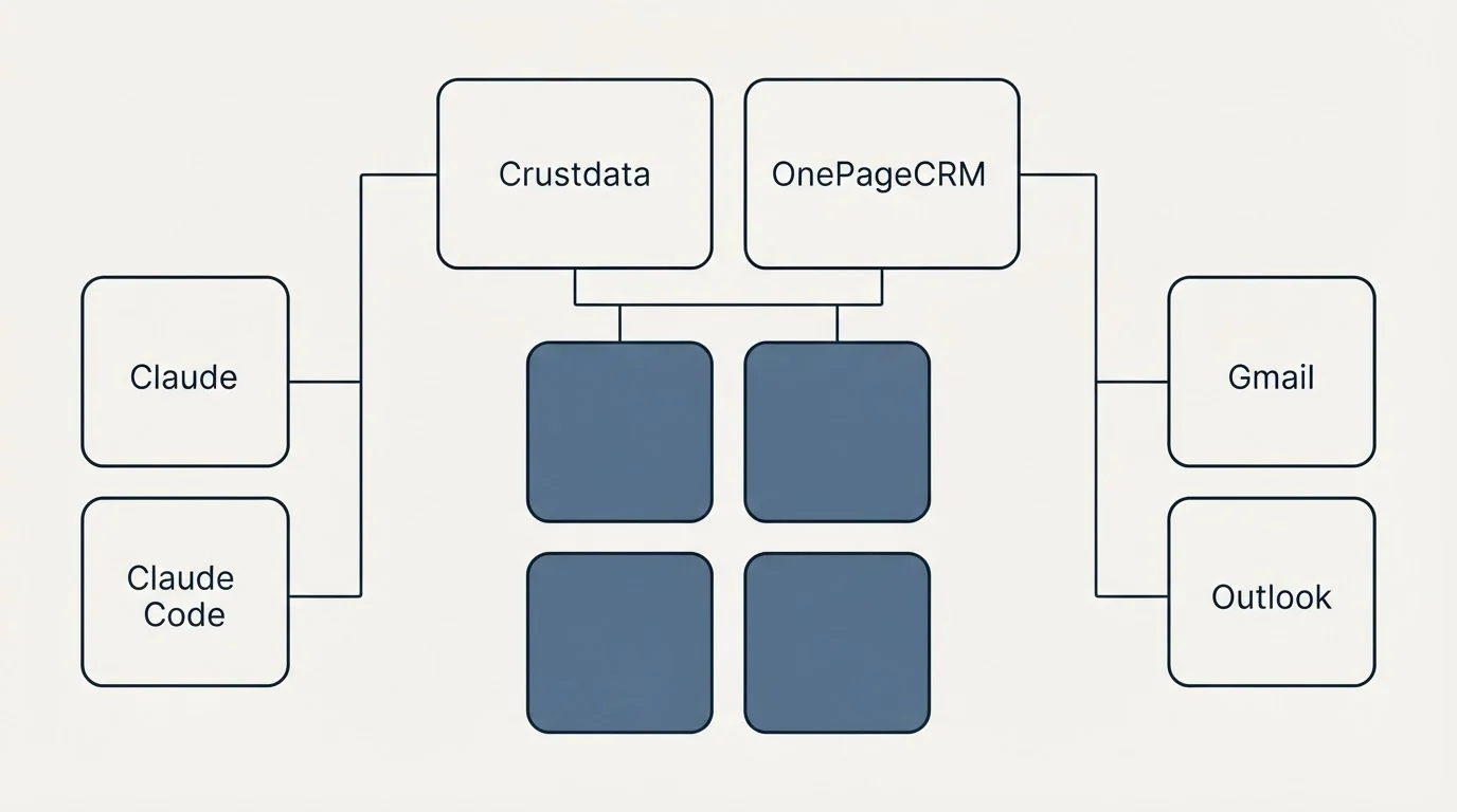 Integration grid: Integration Ecosystem (Crustdata, OnePageCRM, Claude, Gmail)