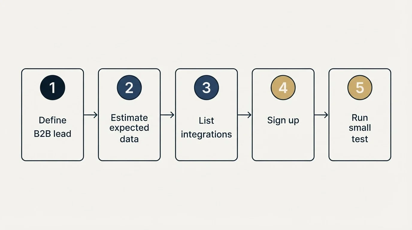 Step sequence: Getting Started Checklist (Define B2B lead, Estimate expected data, List integrations, Sign up)