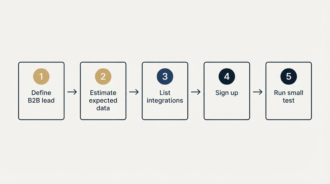 Step sequence: Getting Started Checklist (Define B2B lead, Estimate expected data, List integrations, Sign up)