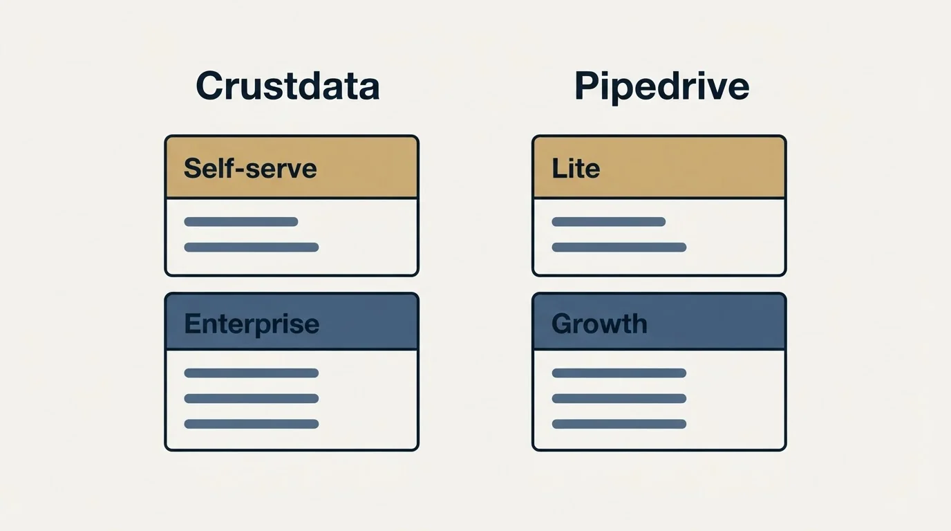 Pricing panels: Pricing Comparison (Crustdata, Pipedrive, Self-serve, Lite)