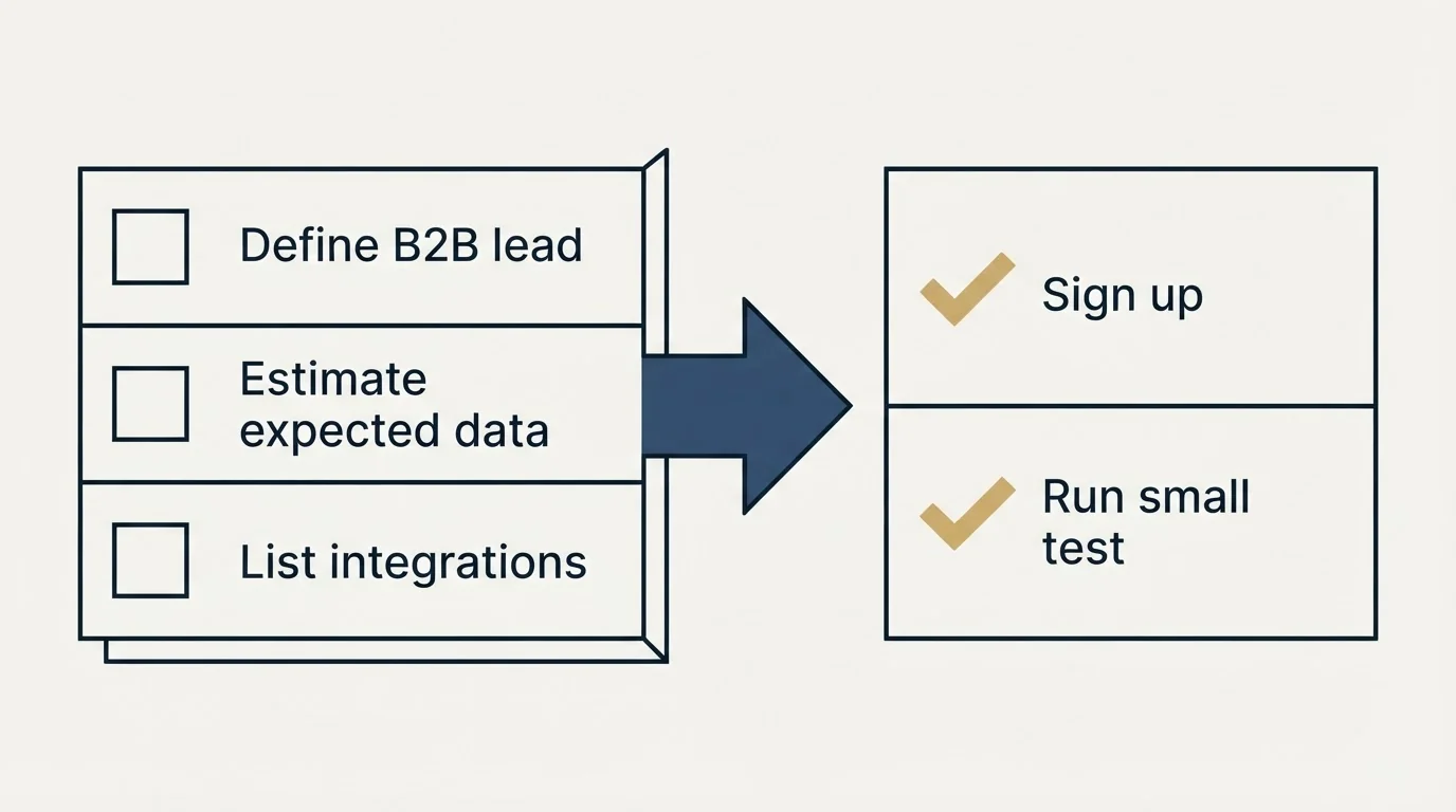 Before-and-after steps: Getting Started Checklist (Define B2B lead, Estimate expected data, List integrations, Sign up)