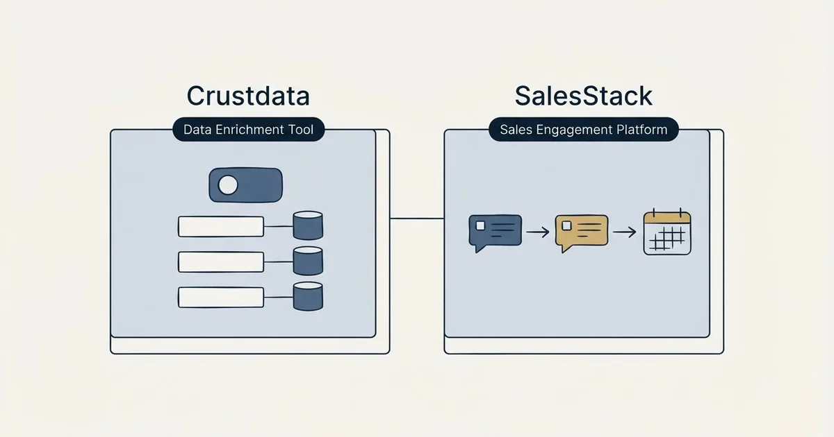 Side-by-side panels: Crustdata vs SalesStack (Data Enrichment Tool, Sales Engagement Platform)