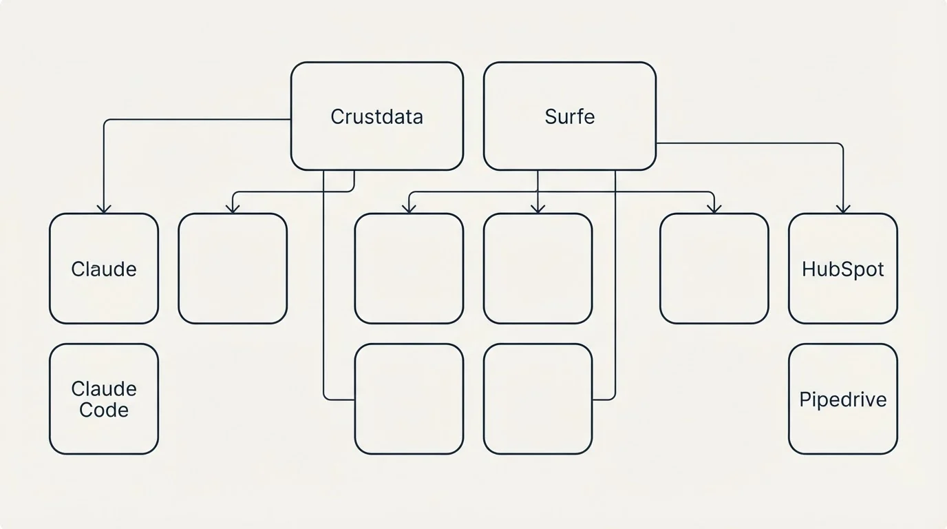 Integration grid: Integration Ecosystem (Crustdata, Surfe, Claude, HubSpot)