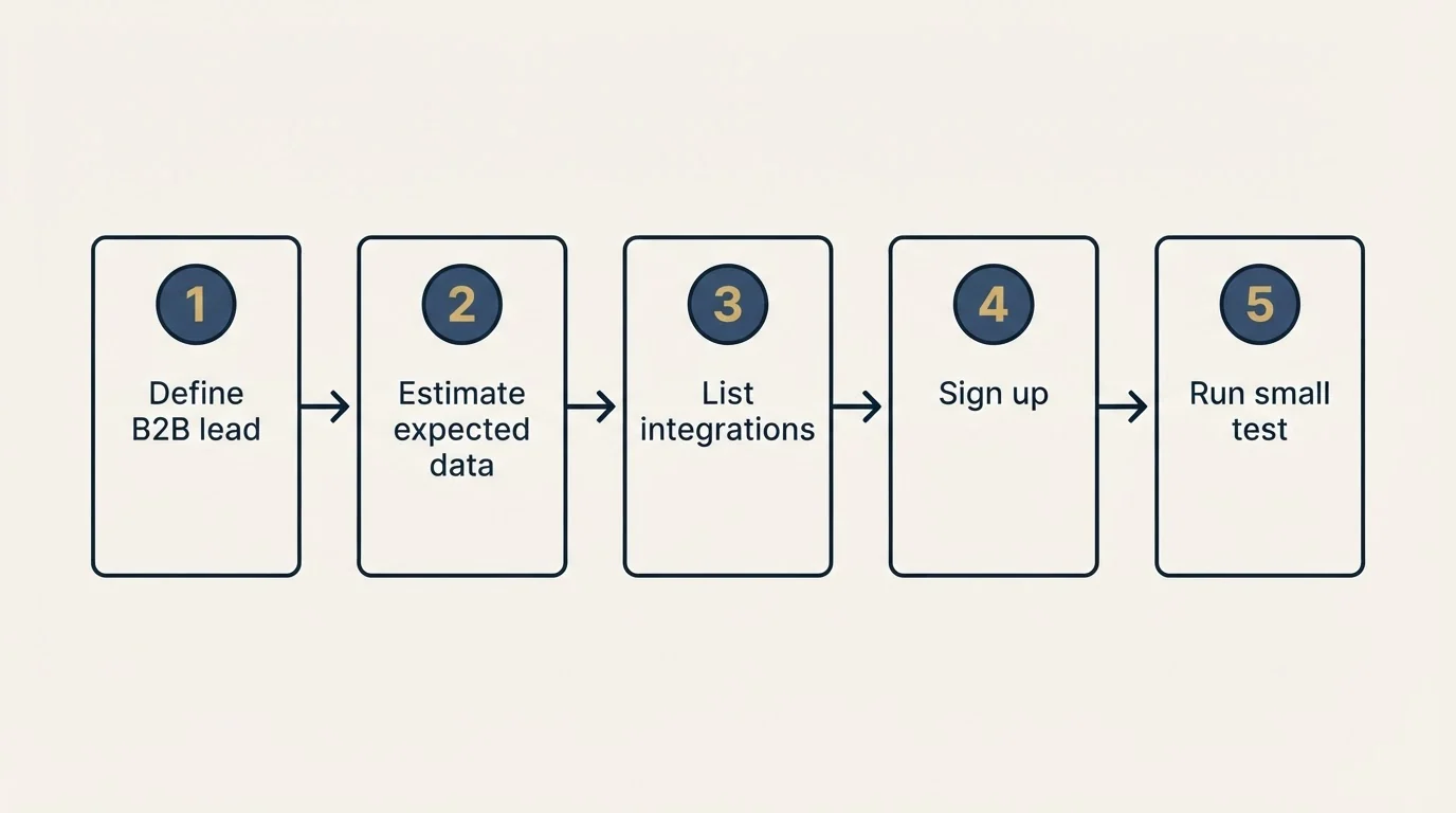 Step sequence: Getting Started Checklist (Define B2B lead, Estimate expected data, List integrations, Sign up)