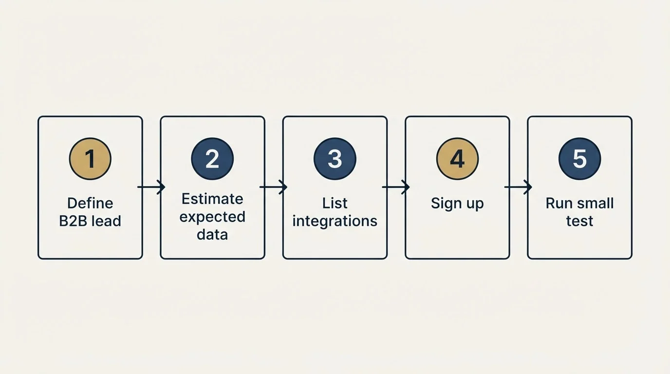 Step sequence: Getting Started Checklist (Define B2B lead, Estimate expected data, List integrations, Sign up)