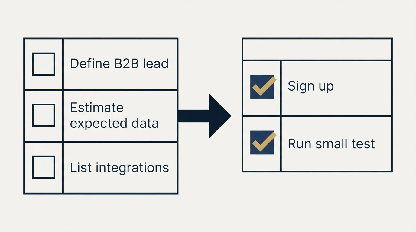 Before-and-after steps: Getting Started Checklist (Define B2B lead, Estimate expected data, List integrations, Sign up)