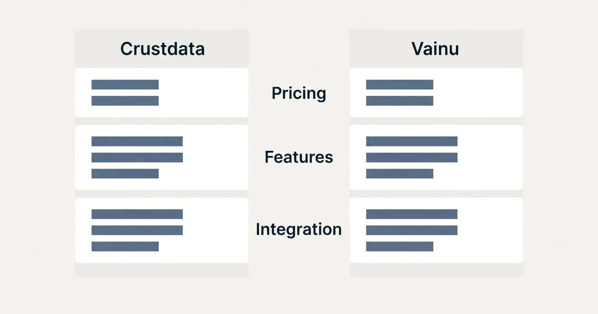 Comparison panel: Crustdata vs Vainu (Pricing, Features, Integration)