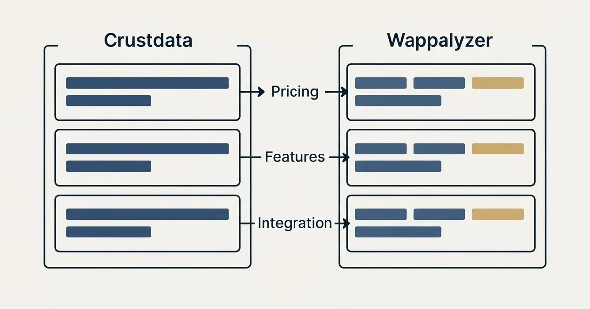 Comparison panel: Crustdata vs Wappalyzer (Pricing, Features, Integration)