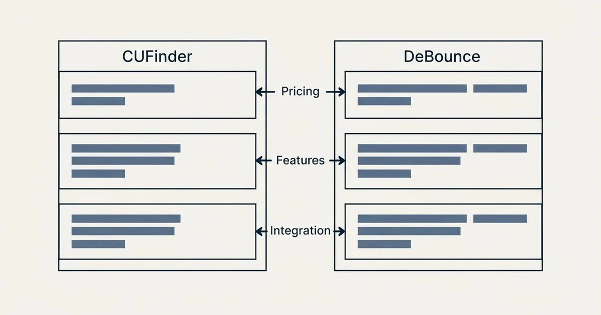 Comparison panel: CUFinder vs DeBounce (Pricing, Features, Integration)